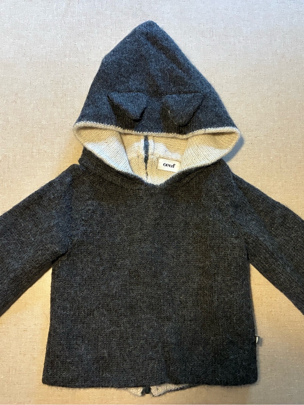 Oeuf Charcoal Hooded 100% Baby Alpaca Kids Sweater with Cat Ears